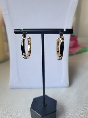 Avon Gold and Black Enamel Hoop Earrings